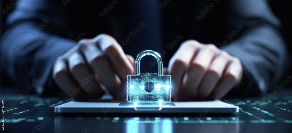 man hands, padlock and virtual keyboard, network security concept ...