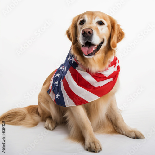Golden dog wearing the American flag, on America day