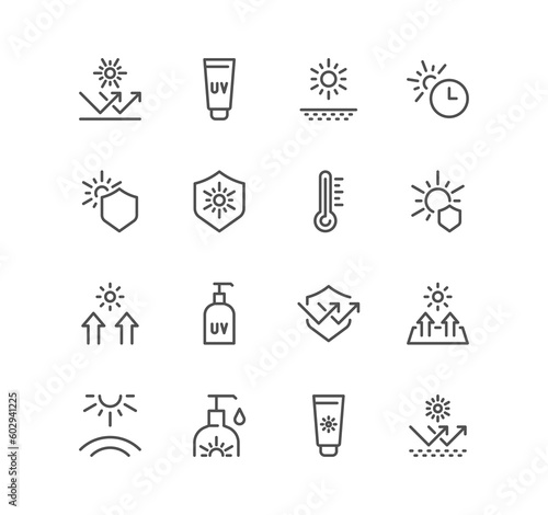 Set of sun protection related icons, sunscreen, uv rays exposure time and linear variety symbols.	
