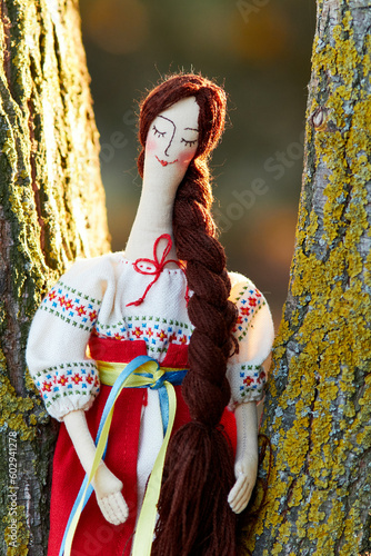 Close up of handmade doll in ukrainian national clothes. Embroidered dress on doll