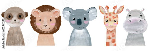 Hand drawn watercolor african animals portrait. Nursery art.