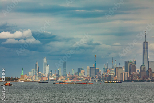 A view of Manhattan skyline with the one World Trade Center  from the Staten Island Ferry in New York City.