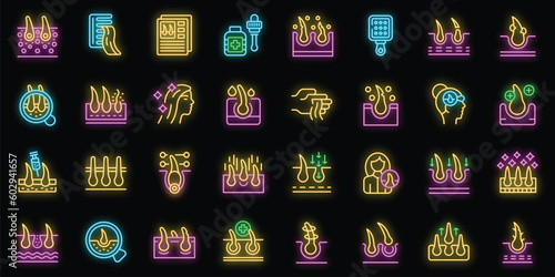 Trichologist icons set outline vector. Medical hair. Clinic treatment neon color on black