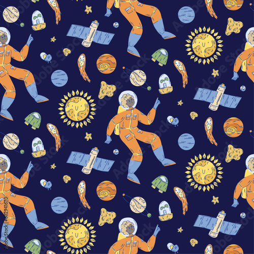 Space pattern with a girl astronaut, stars, planets, asteroids, satellites in the weightlessness 