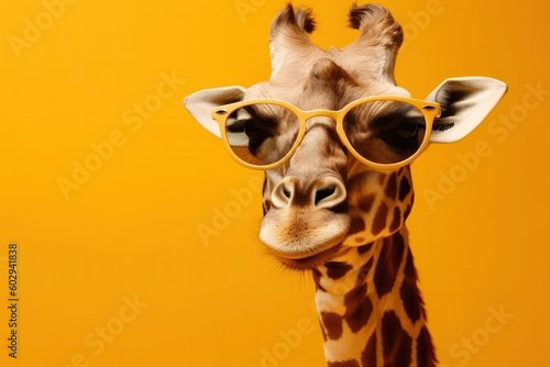Brighten up your day with this whimsical giraffe in sunglasses on a sunny yellow background. Perfect for a summer vibe. AI Generative.