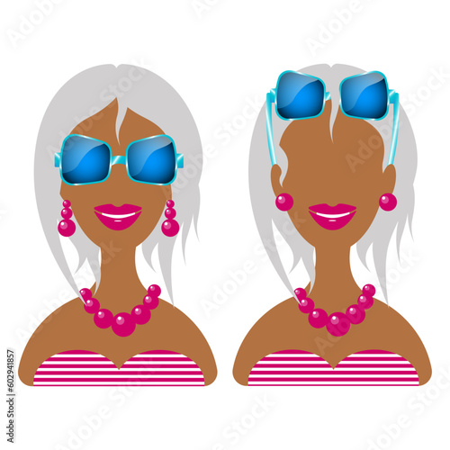 tanned woman with silver-hair in glasses