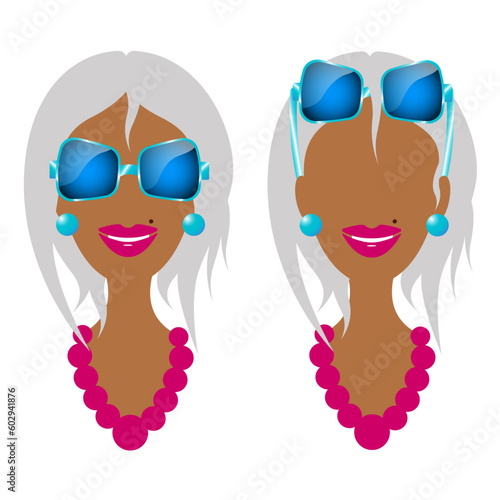 tanned woman with silver-hair in glasses