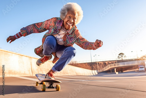 Happy afro american 80 years old riding on a skateboard. Generative AI. 