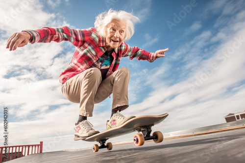 Happy caucasian american 80 years old riding on a skateboard. Generative AI. 