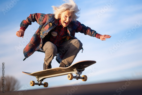 Happy caucasian american 80 years old riding on a skateboard. Generative AI. 