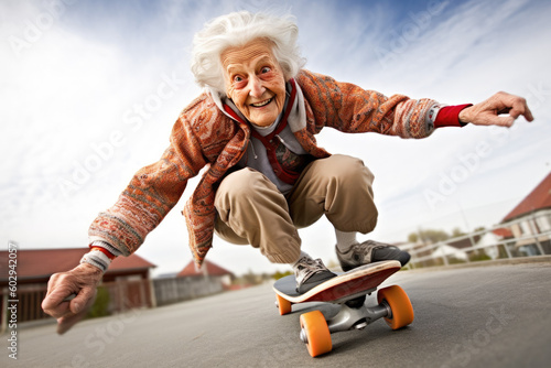 Happy caucasian american 80 years old riding on a skateboard. Generative AI. 
