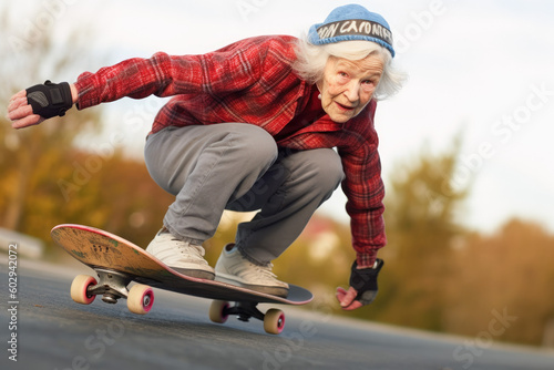 Happy caucasian american 80 years old riding on a skateboard. Generative AI. 
