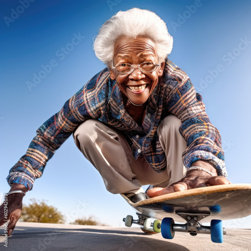 Happy afro american 80 years old riding on a skateboard. Generative AI. 