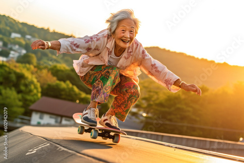 Happy japanese 80 years old riding on a skateboard. Generative AI. 