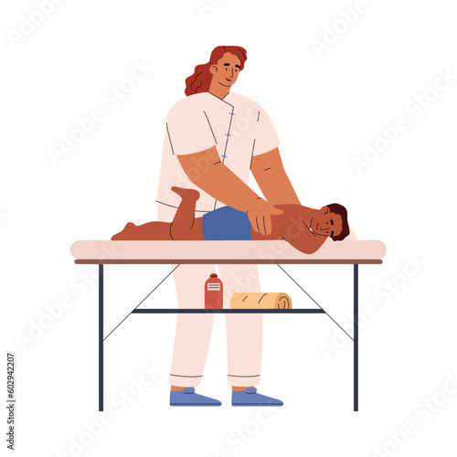 Smiling woman massaging lying child boy flat style, vector illustration