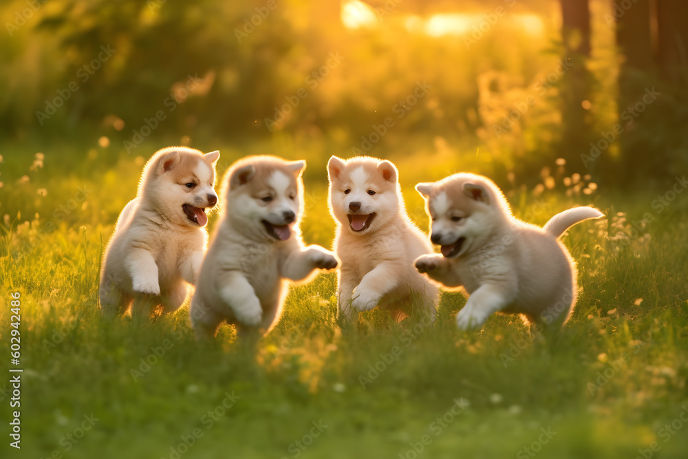Playful Group of Japan Akita Inu Puppies in Lush Meadow