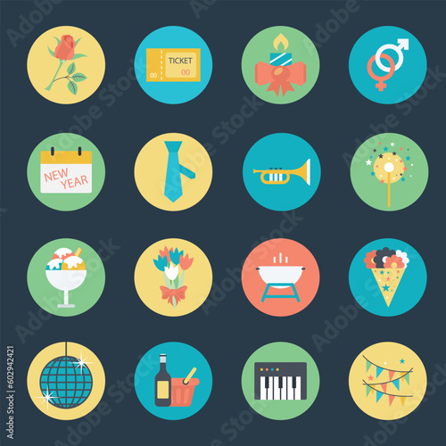 Set of 16 Flat Style Celebration Icons 

