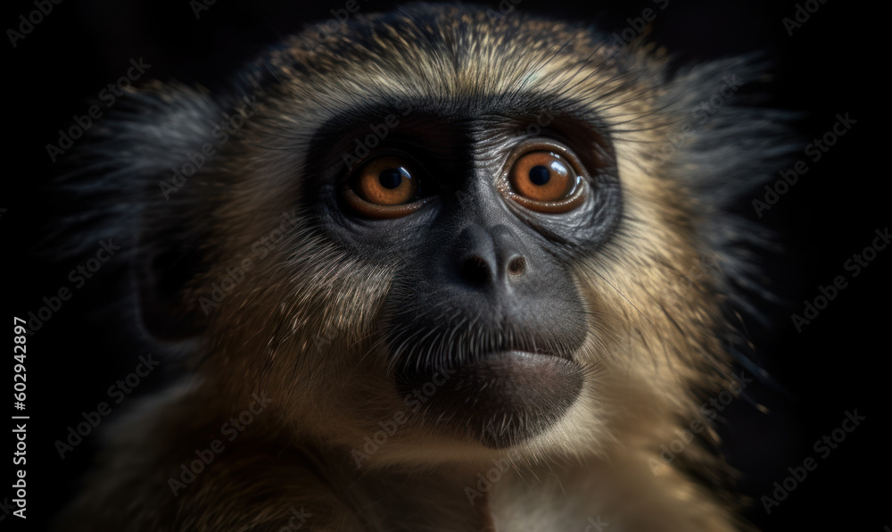 close up photo of langur on black background. Generative AI close up photo of langur on black background. Generative AI