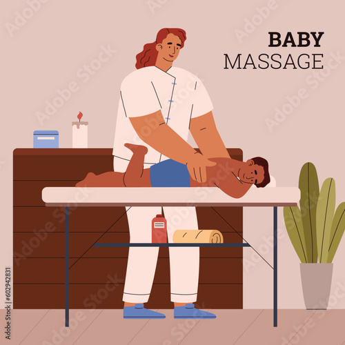 Squared banner about baby massage flat style, vector illustration