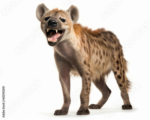 Photo of laughing hyena isolated on white background. Generative AI