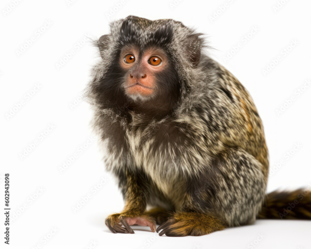 Fototapeta premium photo of marmoset isolated on white background. Generative AI