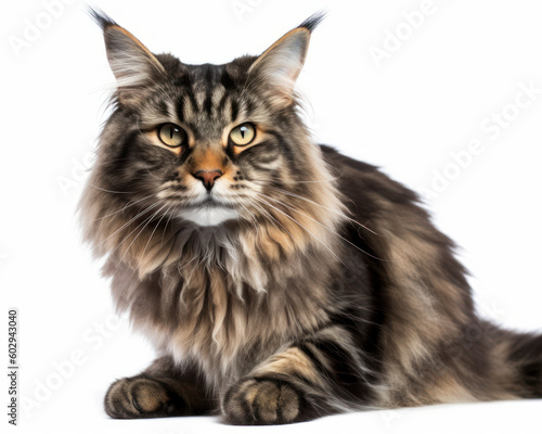 photo of Maine coon cat isolated on white background. Generative AI