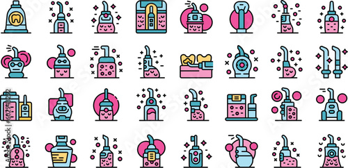 Irrigator for teeth icons set outline vector. Water teeth. Oral medical thin line color flat on white