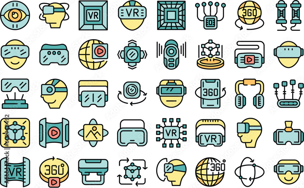 Virtual reality helmet icons set outline vector. Game vr. Virtual reality thin line color flat on white
