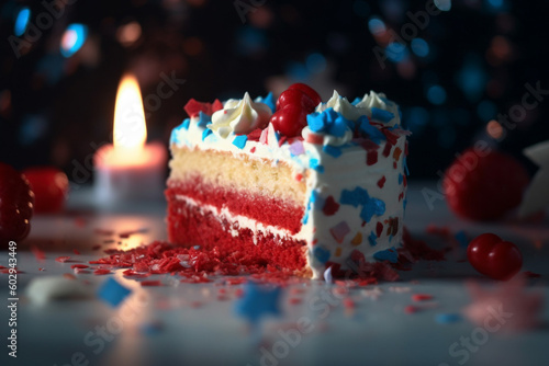 4th July Independence day slice of cake with red  blue and white colors and star sprinkles. Generative AI illustration