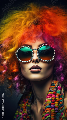 Disco model, colorful curly hair, sunglasses. Generative AI