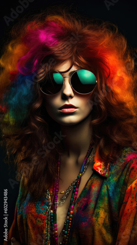 Disco model, colorful curly hair, sunglasses. Generative AI © AIproduction