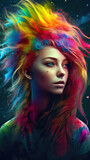 illustration of portrait of woman with rainbow multi color hair. Generative AI