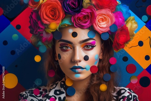 Girl, colorful face with floral crown and colourful dots on her face, in the style of bold geometries. Generated AI.