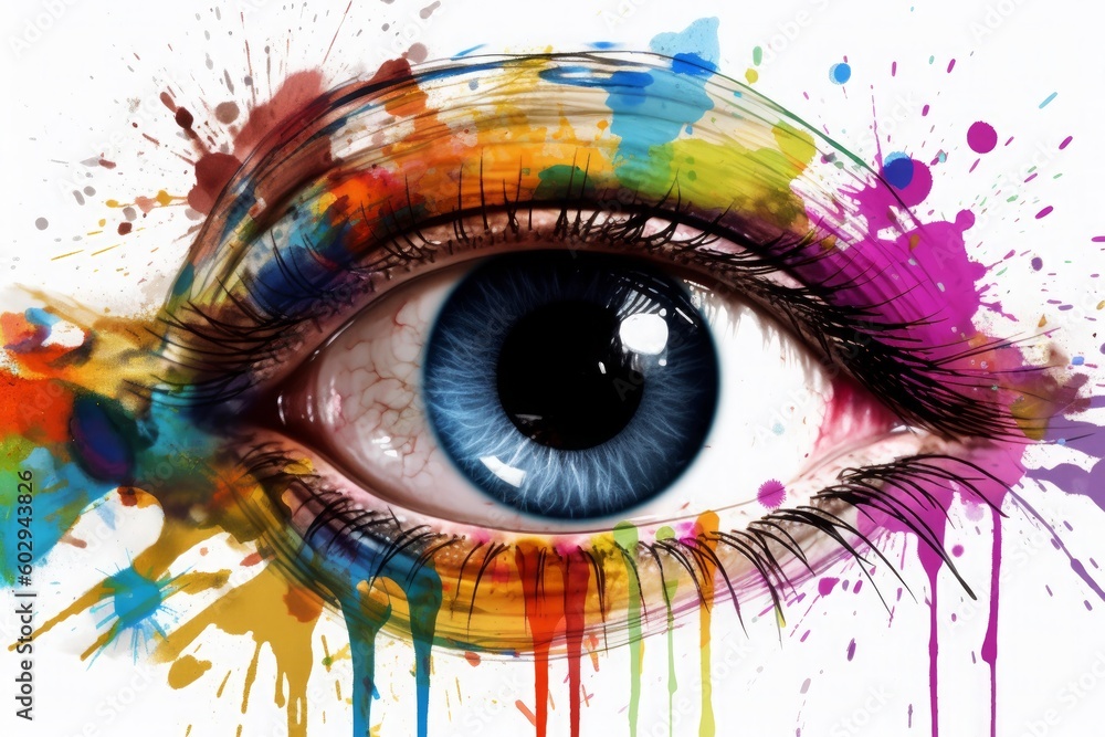 A colorful eye with paint splats, in the style of psychological symbolism. Generated AI.
