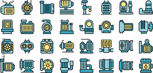 Submersible pump icons set outline vector. Water motor. Electric engine thin line color flat on white