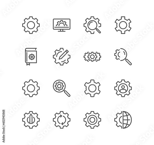 Set of gear related icons, settings, transmission, gearwheel, cogwheel, wrench tool, fix and linear variety symbols.	

