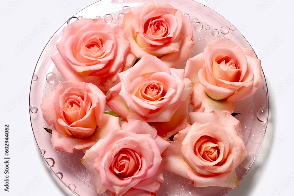 Bouquet of pink roses on a plate on a white background. Created with Generative AI tools Bouquet of pink roses on a plate on a white background. Created with Generative AI tools