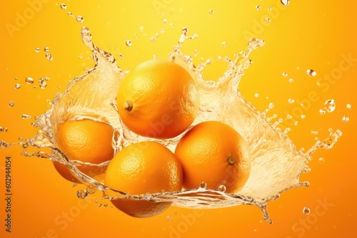 Fresh oranges with water splash on orange background, close-up. Created with Generative AI tools