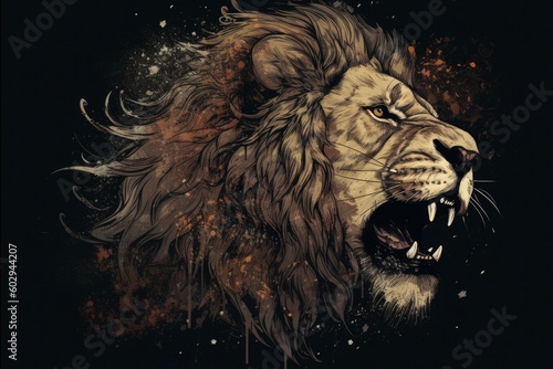An artwork of an angry lion on a dark background  in the style of painted illustrations. Generative AI.