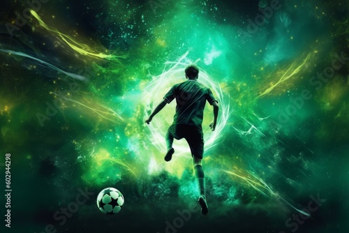 Image of soccer player in green field full screen wallpaper, in the style of cosmic themes. Generative AI. © YULIIA