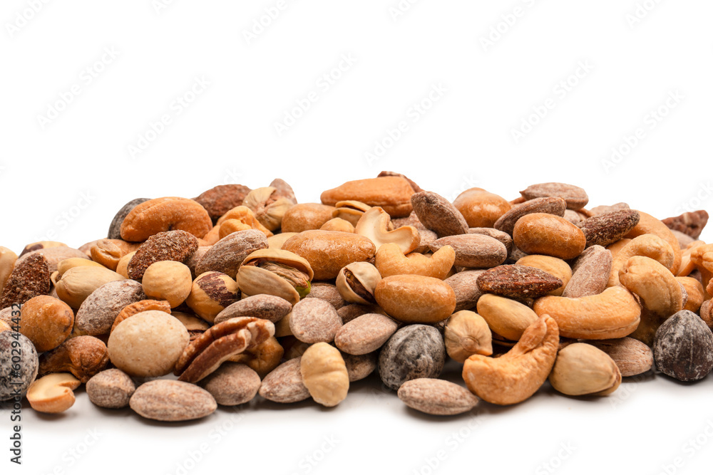 A group of almonds, pistachios, walnuts, macadamia, cashews. A group of almonds, pistachios, walnuts, macadamia, cashews.