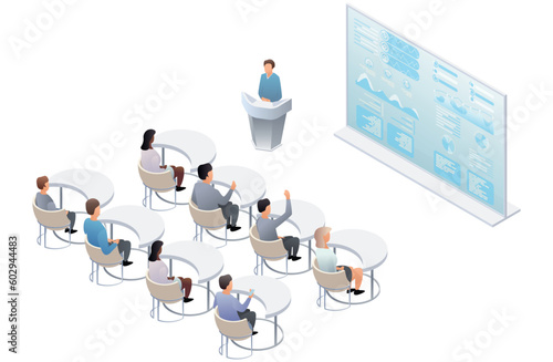 Business presentation, speech. Teamwork set with business presentation conference coworking workplace brainstorming and discussion isolated. Indicators and coaching. Vector isometric, 3d