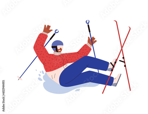 Fallen skier in helmet with mask flat style, vector illustration