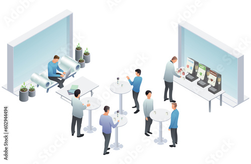 Coworking workplace brainstorming and discussion isolated. Indicators and coaching. Vector isometric, 3d. Coworkers office concept with characters. Freelancer concept, coworking people