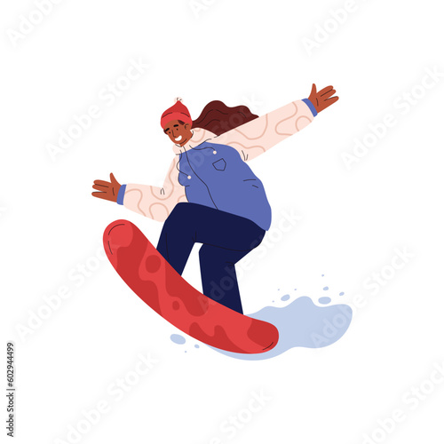 Happy woman professionally riding snowboard, flat vector illustration isolated on white background.