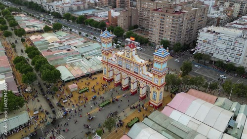 Aerial view of main gate of April Fair in Seville, Andalusia, Spain
