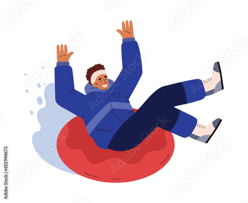 Happy man riding on tubing on snowy downhill, flat vector illustration isolated on white background.