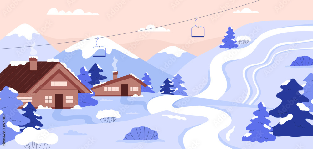 Winter landscape of ski resort flat style, vector illustration