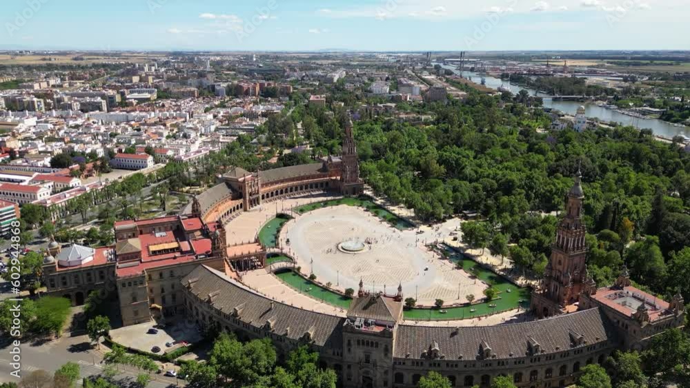 Drone view of Plaza de Espana (Spain Square) in Seville, Andalusia, Spain Drone view of Plaza de Espana (Spain Square) in Seville, Andalusia, Spain