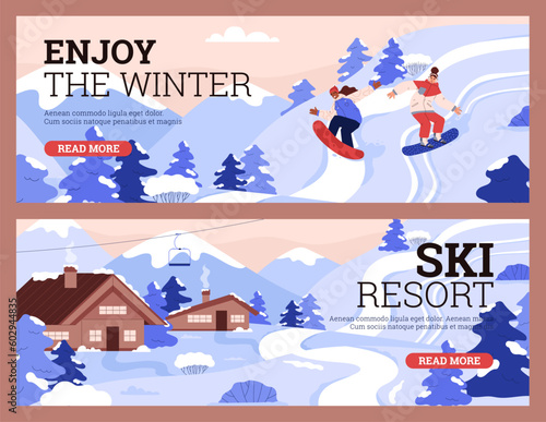 Set of website banner templates about ski resort flat style
